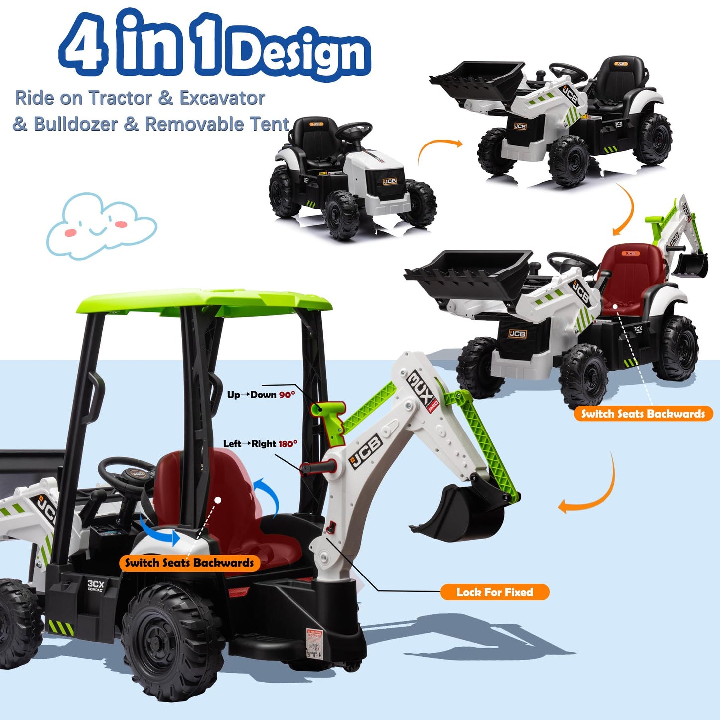 12V Jcb Ride On Excavator, Construction Electric Vehicle For Kids 3-8 With Tractor, Bulldozer, Digging Arm, Remote Control, Adju