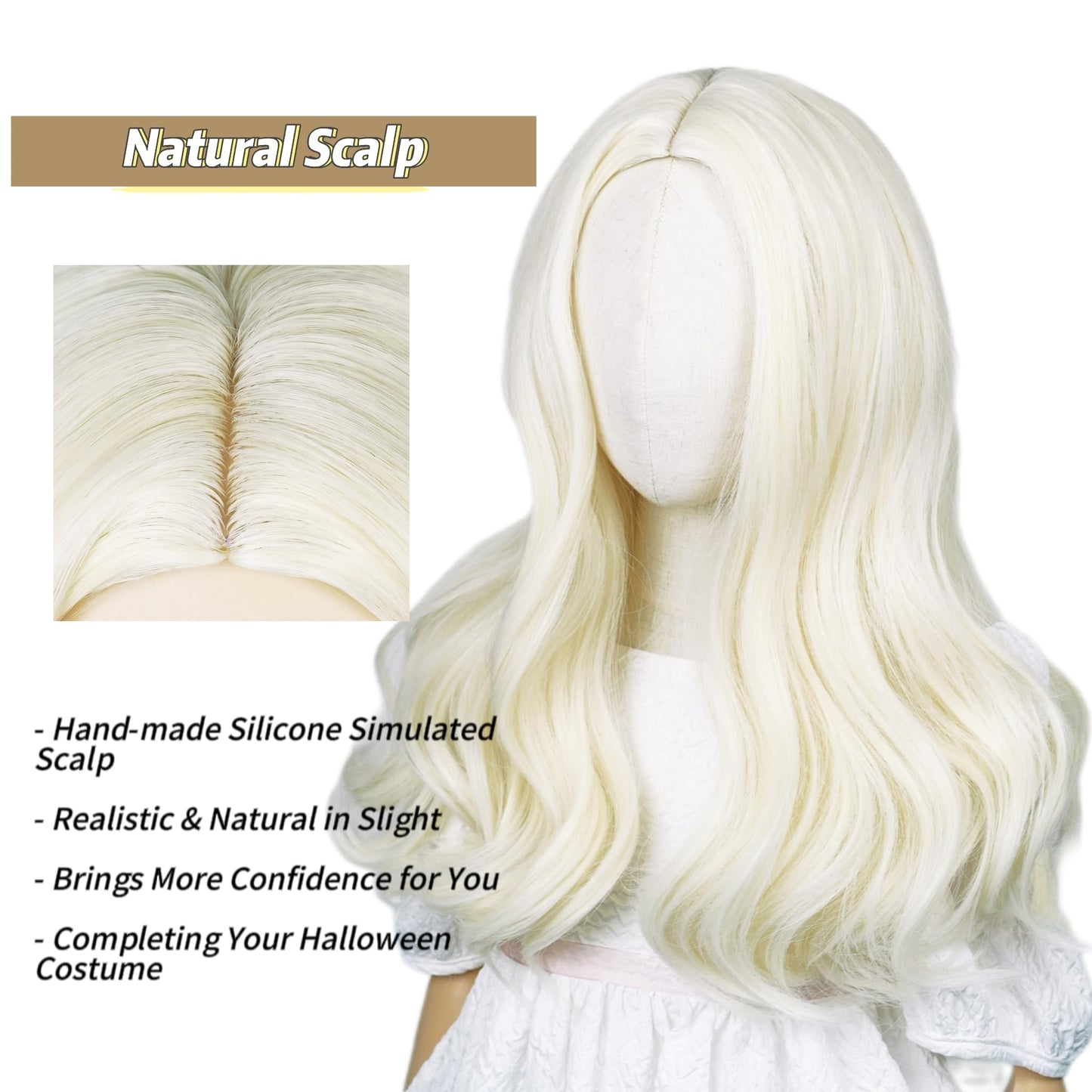 Half And Half Kids Blonde Wig Long Curly Child Wigs For Kids Girls, White Golden Middle Part Girl'S Costume Wavy Wig Heat Resist