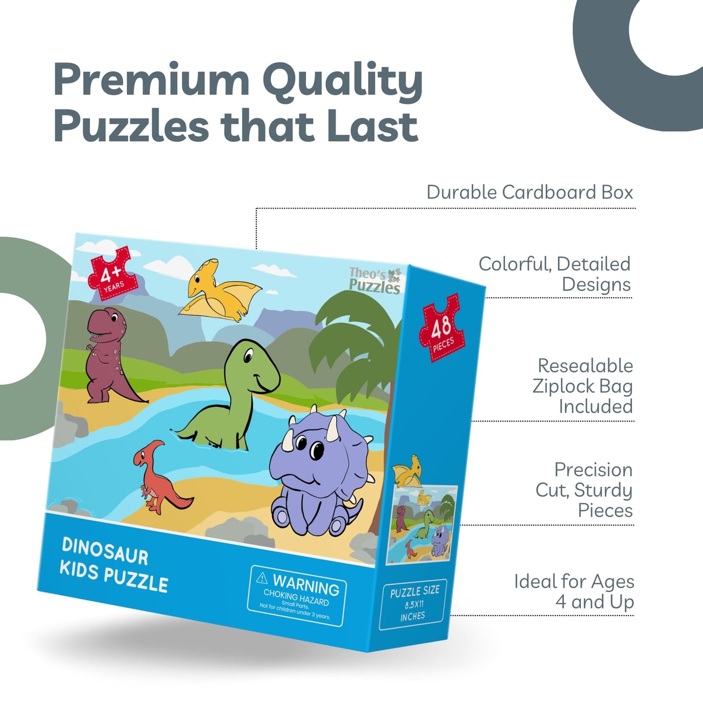 Theo'S Puzzles Dinosaur Kids Puzzle - Fun 48-Piece Jigsaw With Diverse Dinosaur, Rivers, And Volcano Scenery For Ages 4+, Perfec