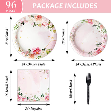 Gisgfim 96 Pcs Floral Party Plates And Napkins Party Supplies Pink Spring Flower Theme Party Tableware Set Watercolor Floral Tea