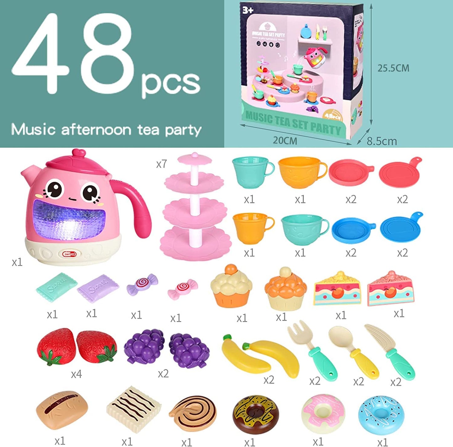 Tea Set for Little Girls 1-3, 48 PCS Tea Party Set for Toddler Little Girls 3-5 with Teapot Tea Cup Music & Light Play Food Toy