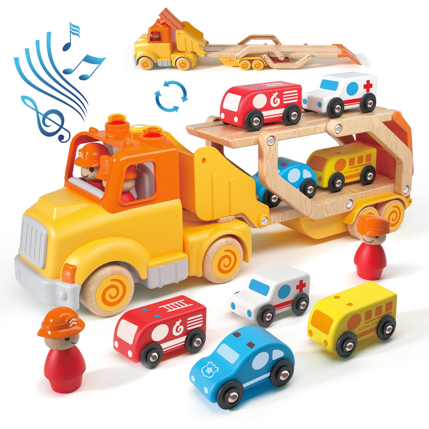 Toddler Car Toys for 2 3 4 5 Years Old Kids, Transport Carrier Truck Toy with 4 Wooden Vehicle, 24IN Foldable Track Trailer with