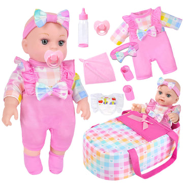 12 Girls Baby Doll With Carrier Bassinet Bed,Pink Plaid Pattern Newborn Baby Dolls Playset With Clothes And Accessories Include