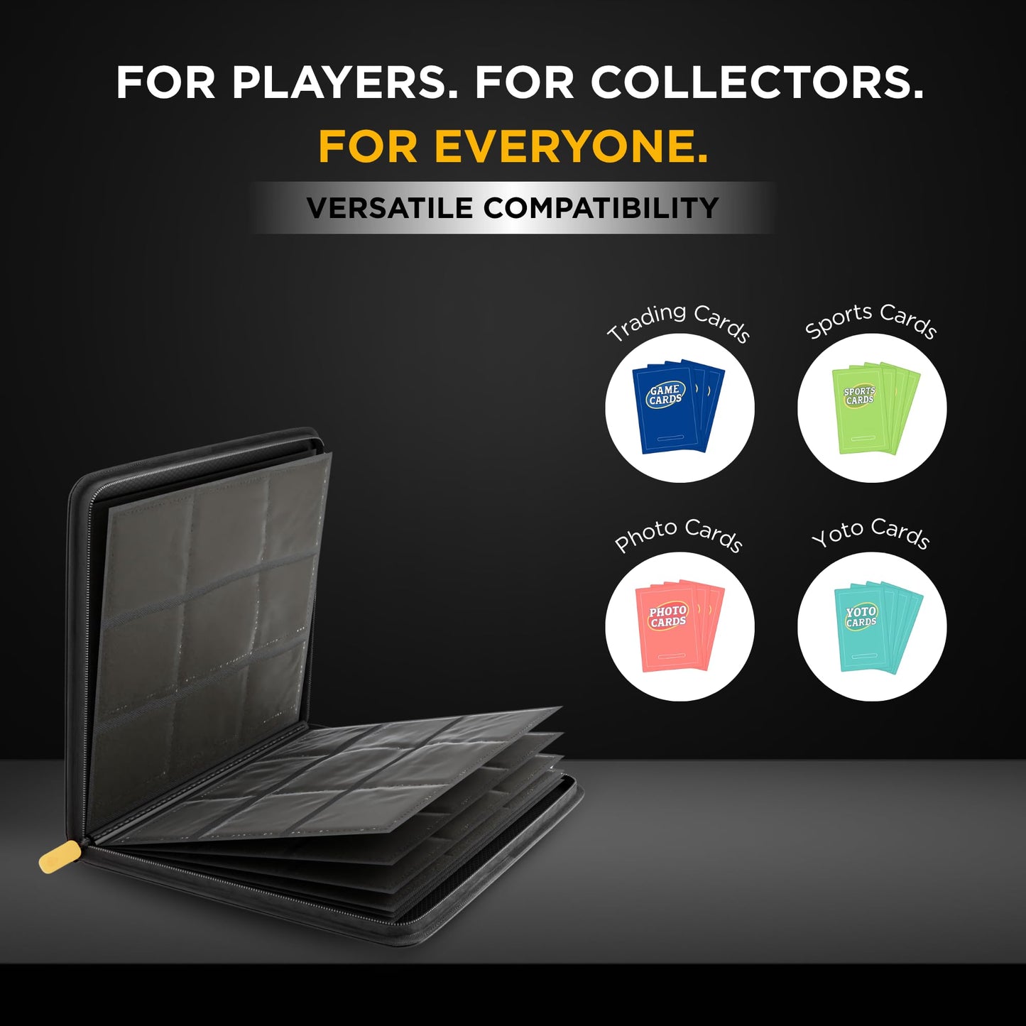 Card Guardian - 9 Pocket enhanced Black Card Binder with Zipper for 360 Cards - Trading card binder with Side Loading Pockets for Trading Card Games -TCG Binder (Black)