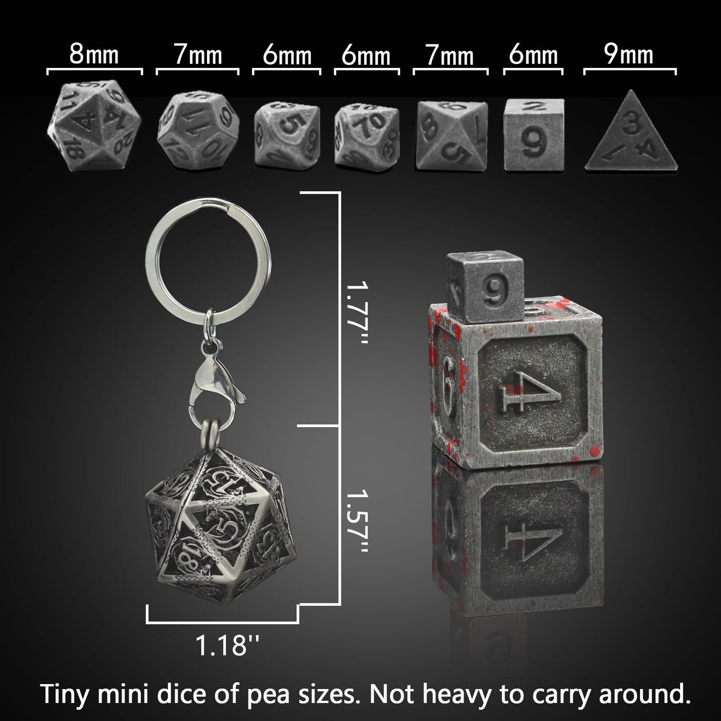 PJOY Mini Dice Set Tiny DND Dice with Hollow D20 Cage D&D Portable 7PCS Keychain Mini Metal Dice Set for Role Playing Dice Games