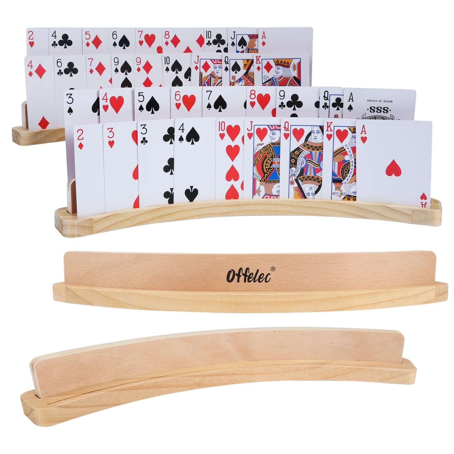 Offelec Set Of 4 Wood Playing Cards Holders - 14 Inch 2 Slot Solid Wooden Cruved Playing Card Holder Set For Kids Adults Stackab