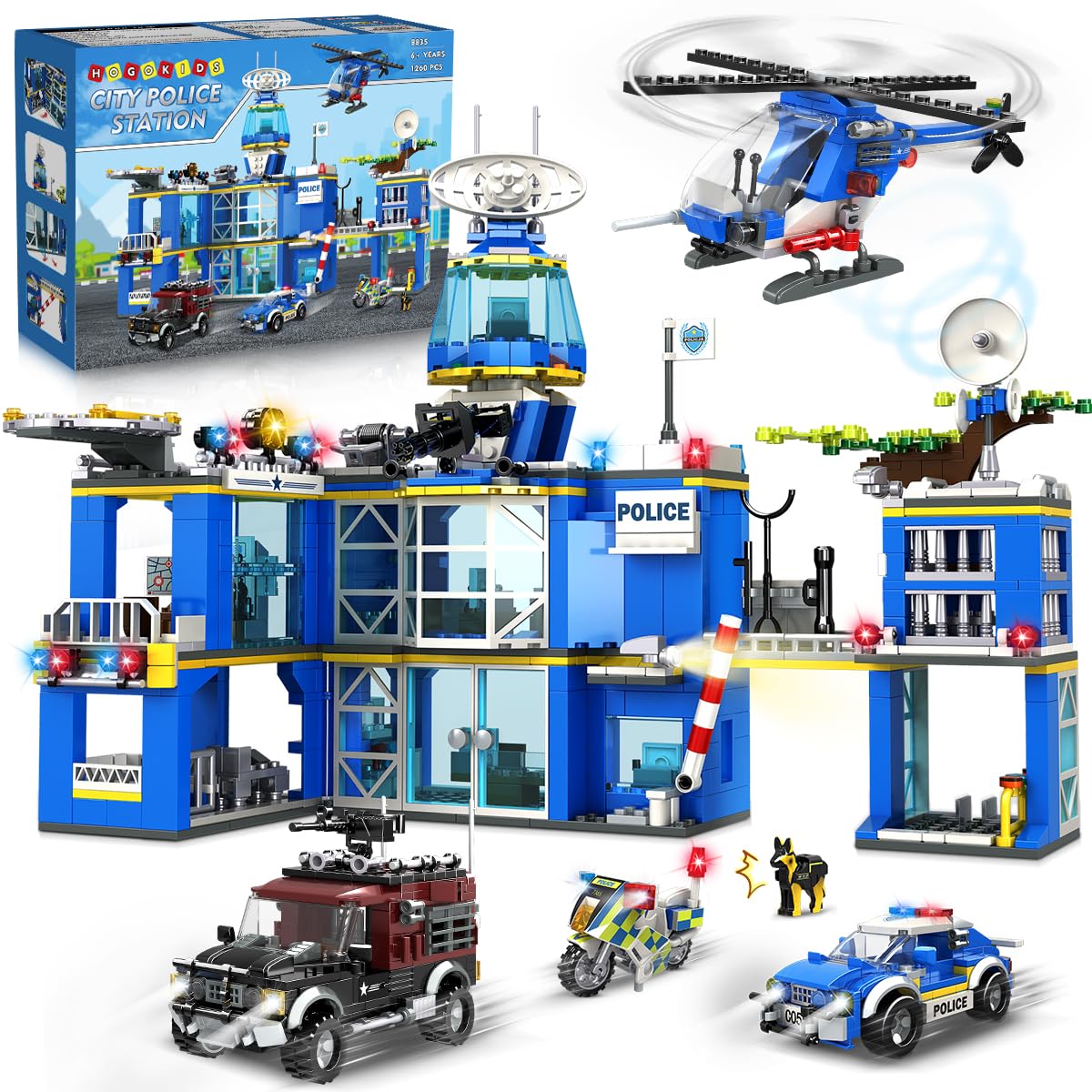 Hogokids City Police Station Building Set - 1260 Pcs Police Building Block Toys With Helicopter Motorcycle Police Vehicle Bandit Car, Stem Police Construction Toy For Kids Boys Girls Ages 8-12+ Years
