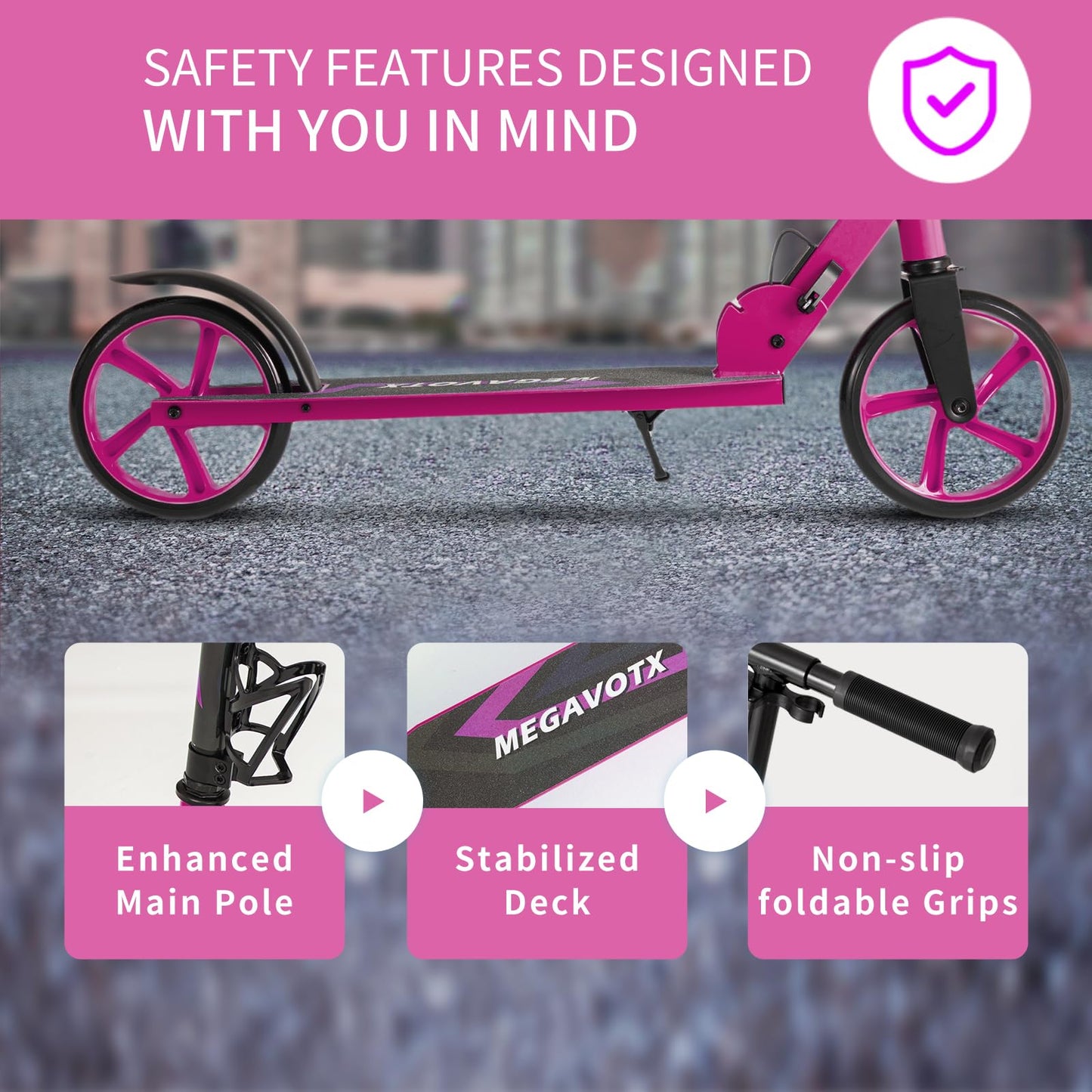 Megavotx Foldable Kids Scooter with 8 inch Sturdy Wheels - Scooters for Kids Teens mature-themeds Ages 8+ Adjustable Handlebar Gift for Boys&Girls 220lbs Max Load Capacity Bearing ABEC7 - Rose
