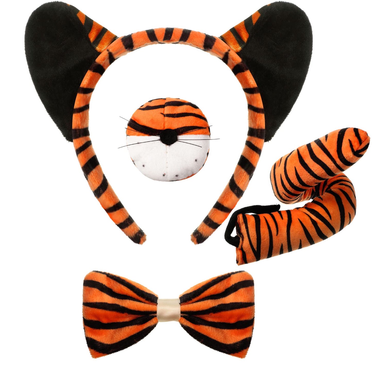 4 Pcs Kids Tiger Costume Kits Tiger Ear Headband Tail Nose Bow Tie Animal Tiger Fancy Costume For Halloween Cosplay Party(Vivid