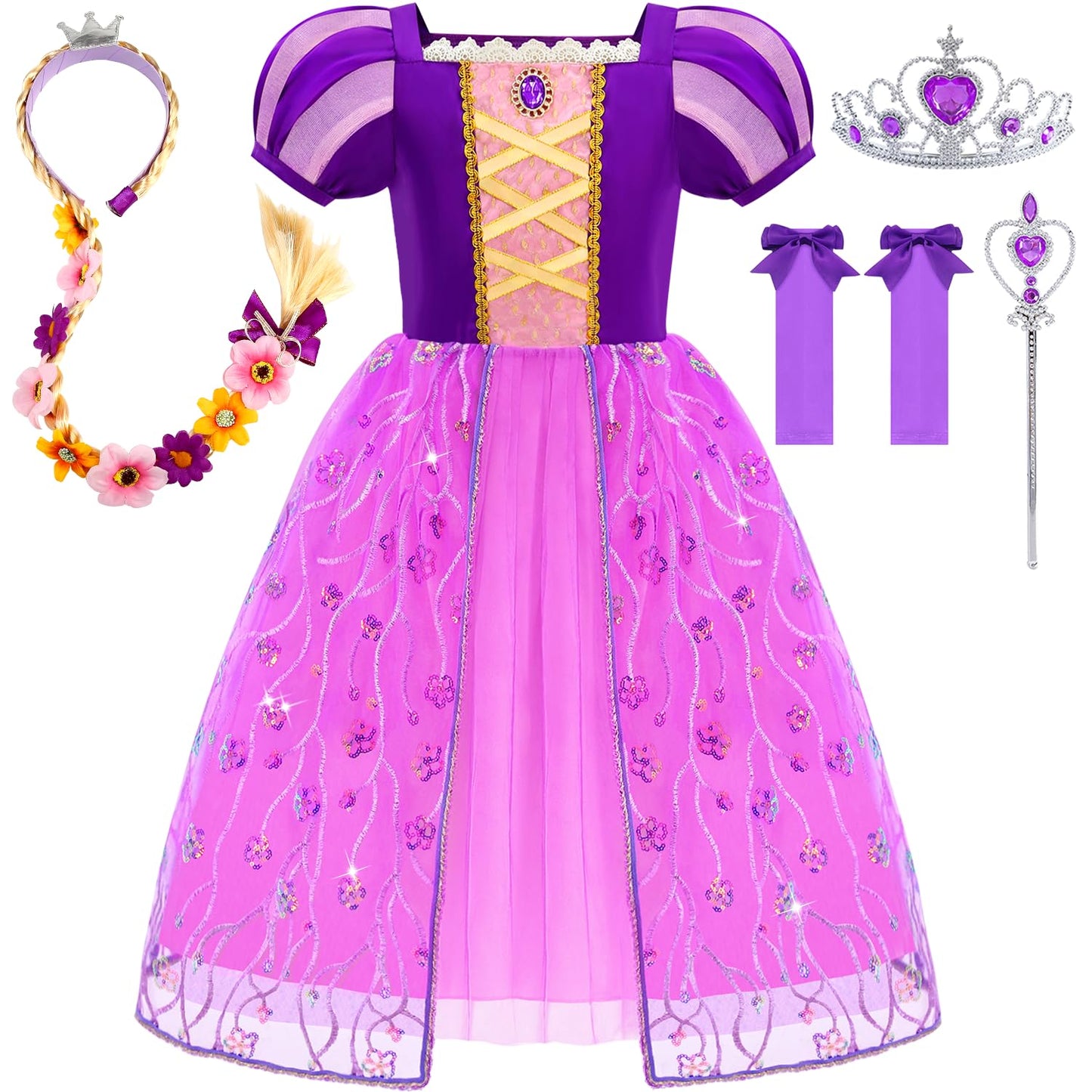 Aolliya Princess Dresses For Girls Puff Sleeve Princess Costume Purple Princess Dress Up Clothes For Halloween Cosplay Party
