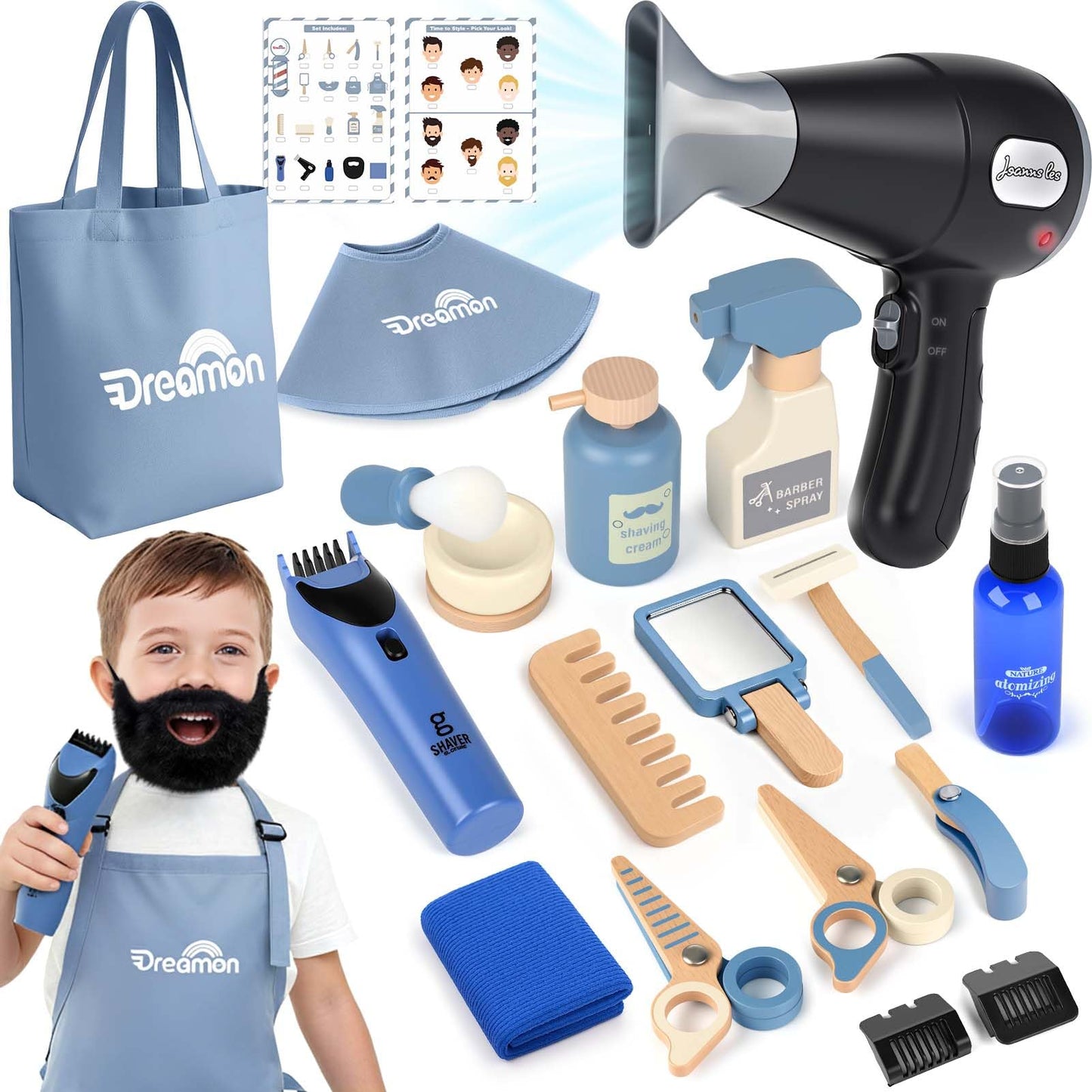 Barber Shop Pretend Play Set, Kids Shaving Kit Hair Salon Toys for Boys with Wearable Beard, Electric Shaver, Blow Dryer and Too
