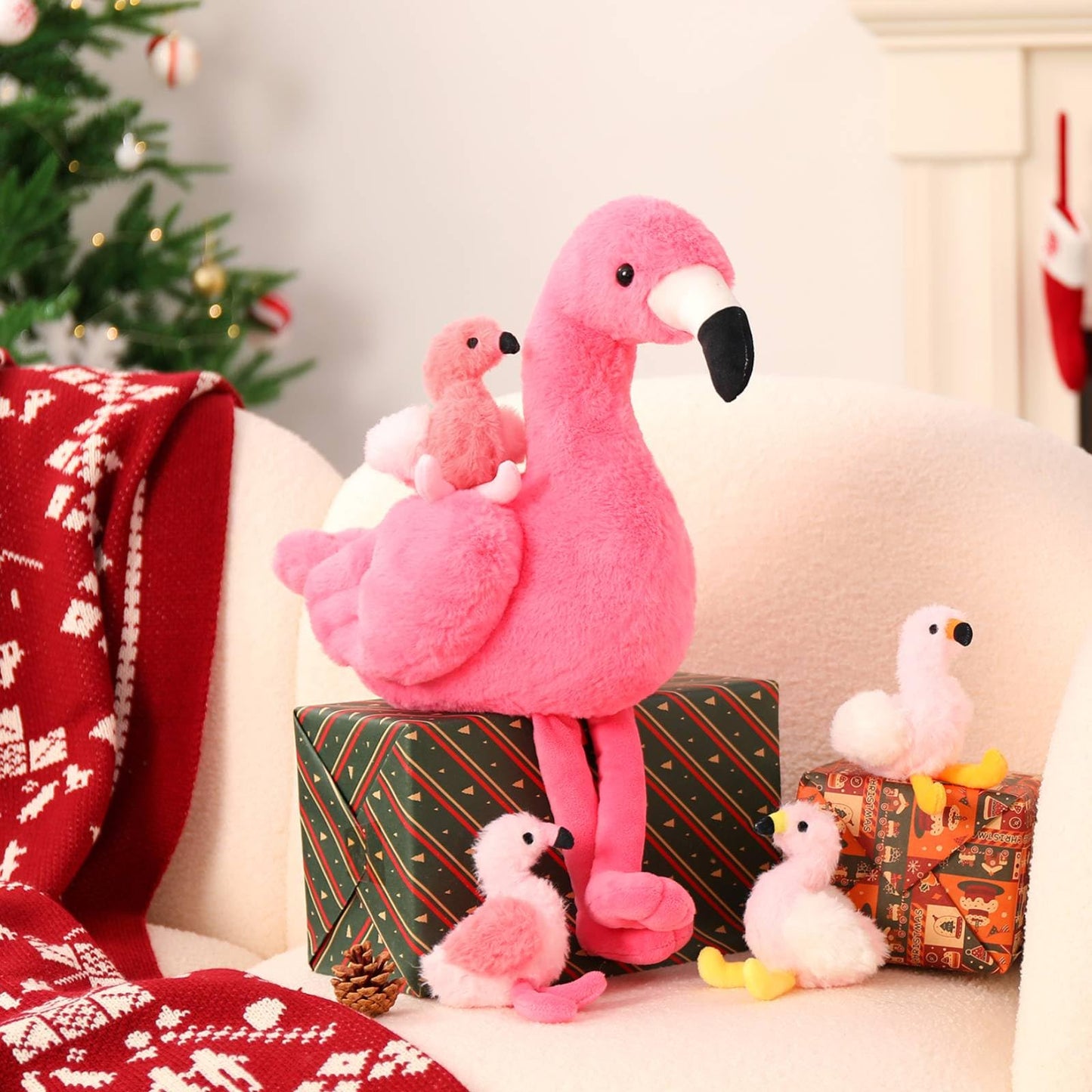 Morismos Plush Flamingo Stuffed Animal-18 Inch Mommy Stuffed Flamingo With 4 Baby Flamingo Plush Toys Inside Zipper Tummy, Pink Flamingo Toy Gift For Girl Women Decor Birthday Christmas Valentines
