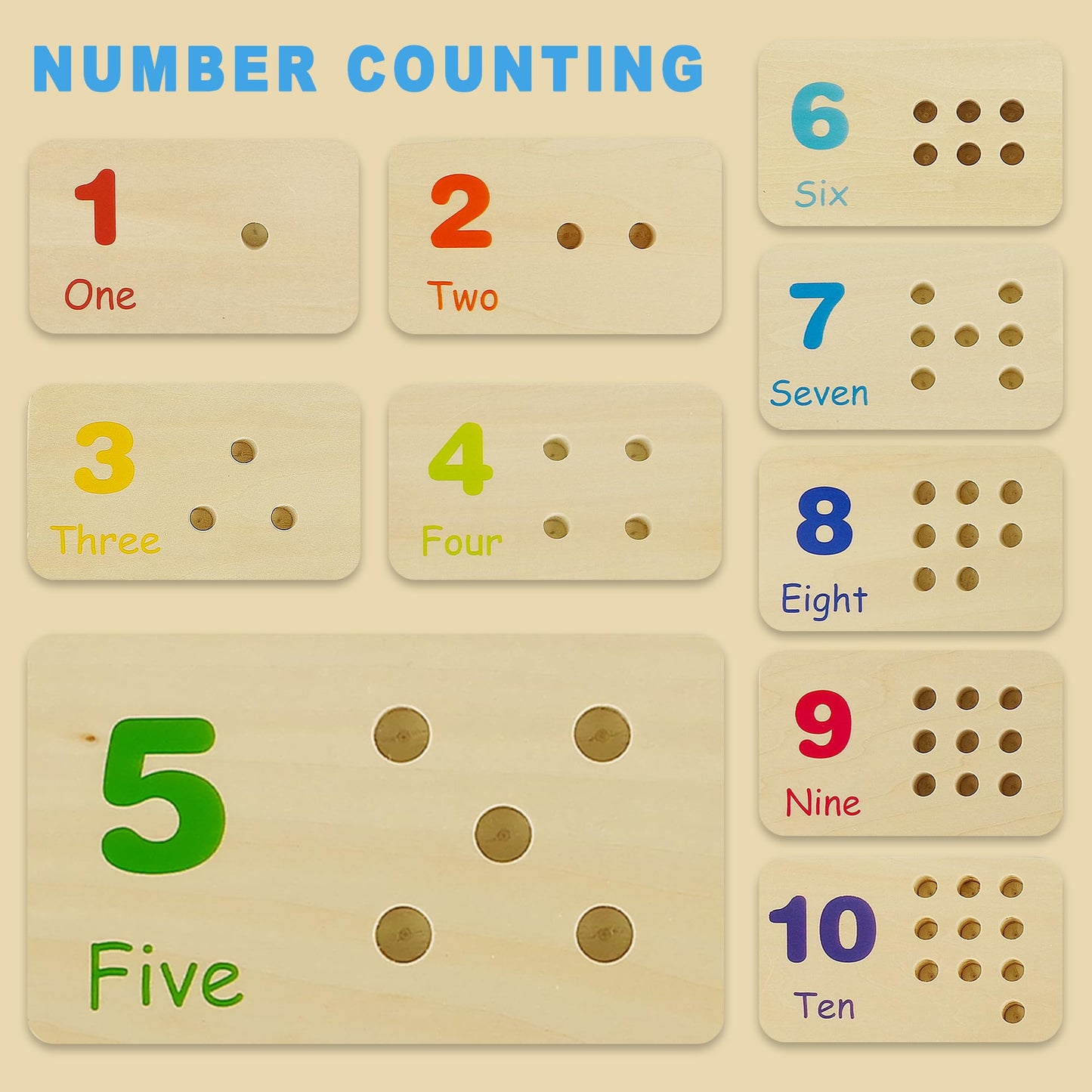 BEWITU Wooden Number Counting Peg Board - Montessori Math Counters for Kids 3-5 Years, Rainbow Colors, Medium Size Learning Toy
