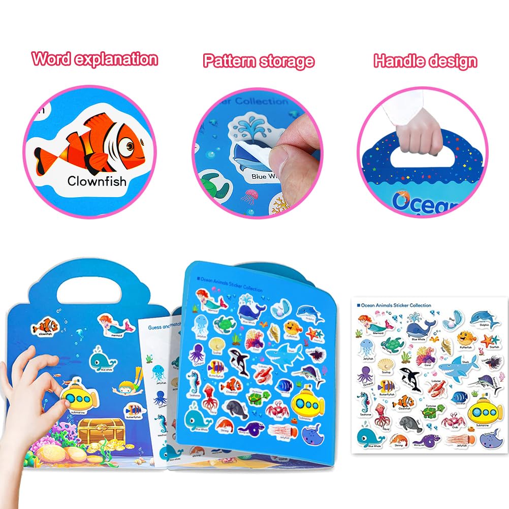 Reusable Sticker Book For Kids, Ocean Stickers Educational Learning Toys Travel Stickers Activity Books For Toddler Girls Boys Age 3+ Birthday Gifts