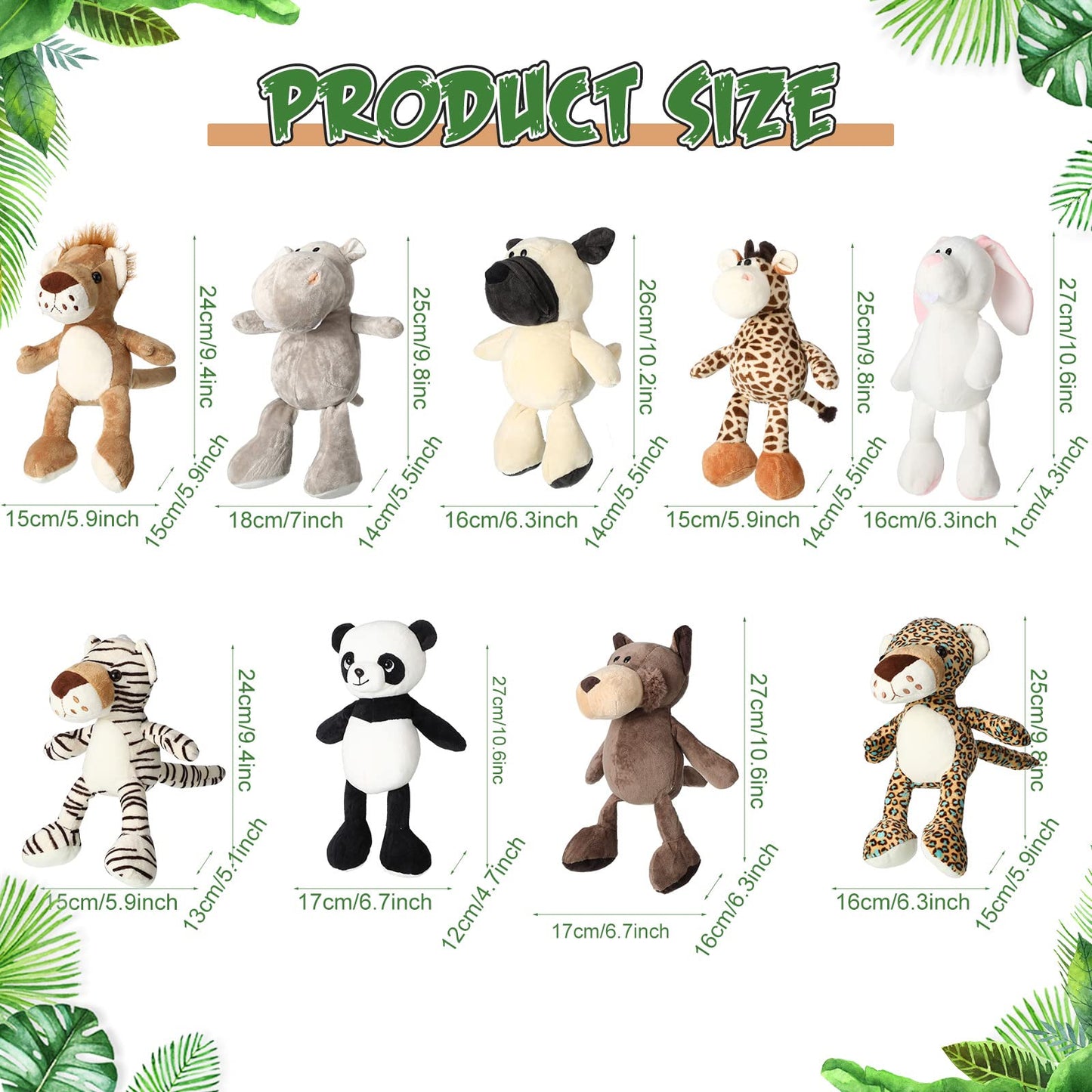 Zhanmai 18 Pieces Safari Stuffed Animals 9.9 Inch Cute Plush Jungle Toy Set Includes Tiger Lion Elephant Monkey Zebra Raccoon Rhino Giraffe Bulk For Zoo Theme Party