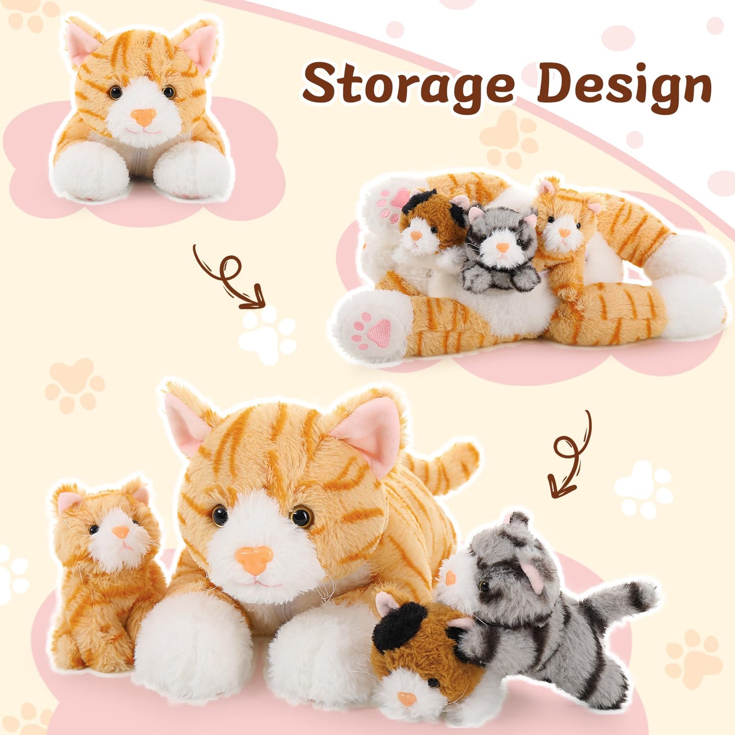 Muiteiur 4 Piece Cats Stuffed Animals, 15.7 Inch Mom Plush Cat With 3 Kittens Stuffed In Zipper Pouch, Cute Yellow Mom And Baby Stuffed Cats For Kids Girls Boys