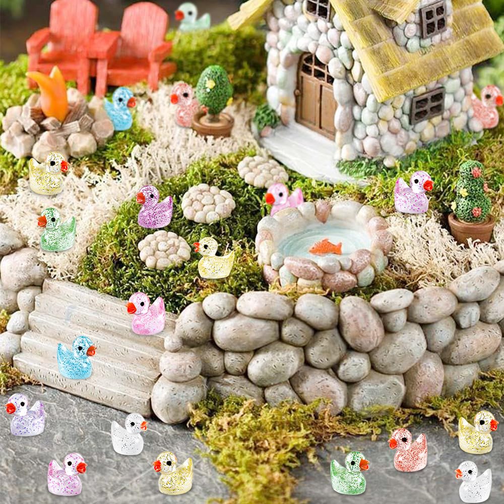 DULEFUN 100pcs Mini Glitter Ducks - Colorful Tiny Resin Animal Figures for Dollhouse, Landscape & Aquarium Decorations, Small Size
