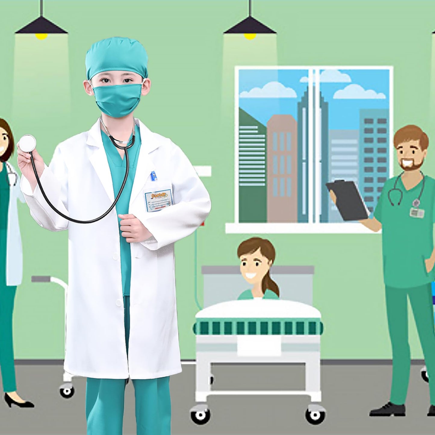 S3Xy-Fiv5 Kids Nurse Costume Doctor Costume Dentist Costume For Kids Play House Pretend Play Dress Up Party Green 12-16 Yrs 170C