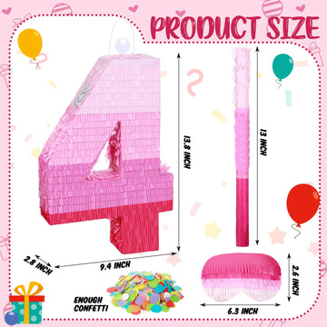 Number Pinata Number Birthday Pinata Decorations Gradient Pink Pinata With Stick Blindfold Confetti For Girls Boys Birthday Anniversary Party Decorations Supplies (Number 4)