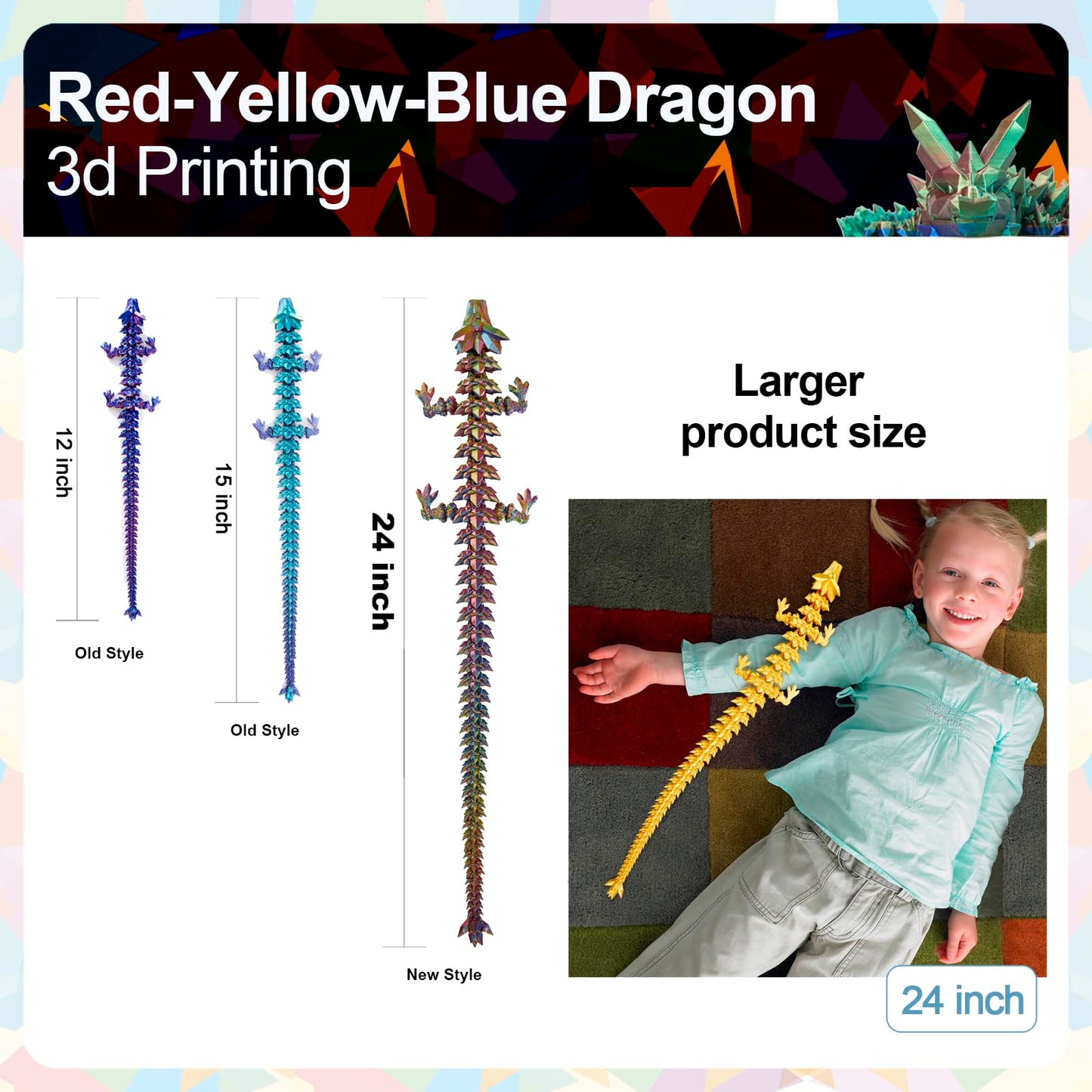 Meet Gladness 24 In 3D Printed Dragon, 24Inch Dragon,3D Dragon Toy,Large Dragon Present,Ariculated Crystal Dragon(Yellow Red Blu