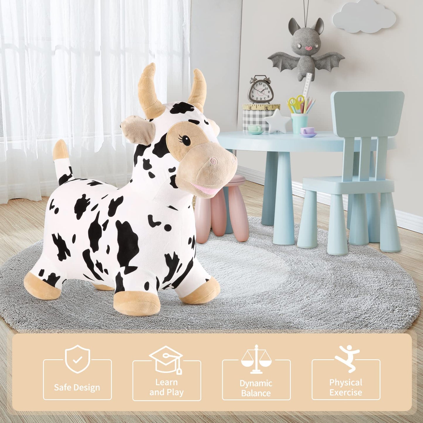 Inpany Bouncy Cow Farm Animal Hopper Toys, Toddler Plush Bouncing Inflatable Bouncer, Ride On Hopping Horse, Indoor Outdoor Cowb