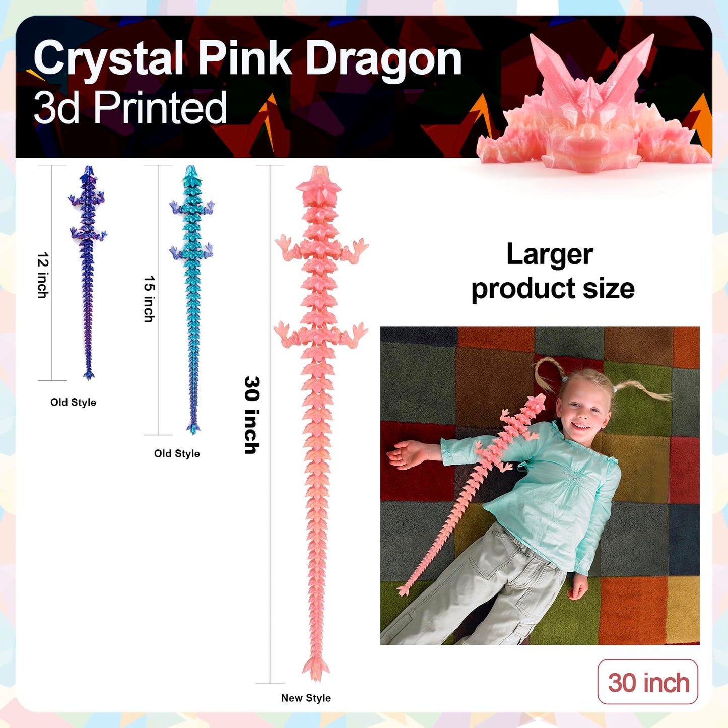 Rwsefk 30 In 3D Printed Dragon, 30Inch Dragon,3D Dragon Toy,Large Dragon Present,Ariculated Crystal Dragon (Peach Colour, 30Inch