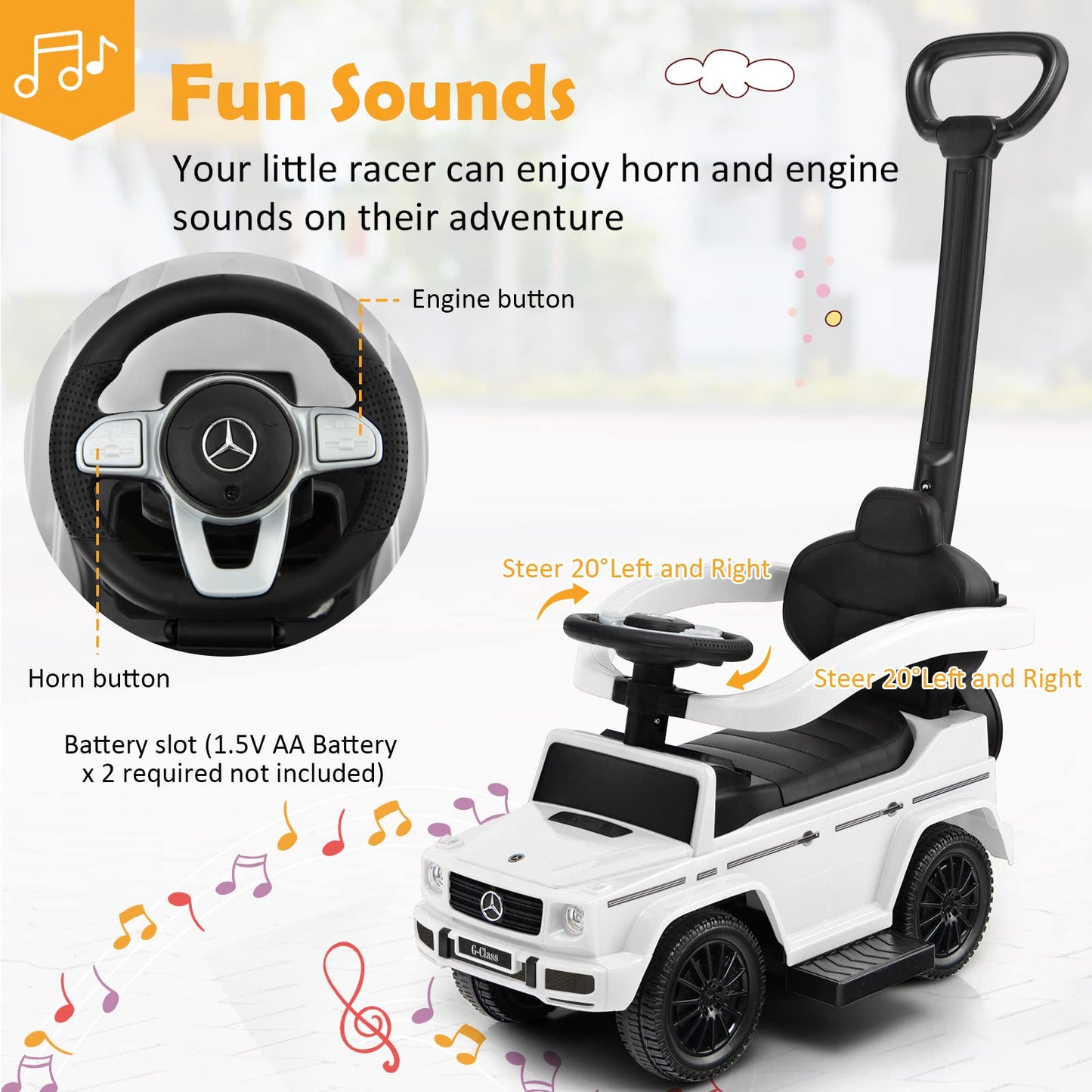 Costzon Push Car For Toddlers, 3 In 1 Mercedes Benz Stroller Sliding Walking Car W/Canopy, Handle, Armrest Guardrail, Underneath Storage, Horn Sound, Foot-To-Floor Ride On Toy For Boys Girls (White)