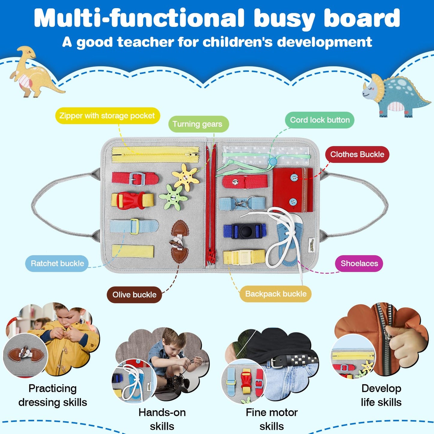 Jhkim Busy Board Montessori Toys For Aged 1 2 3 4 Boy & Girl Birthday Gifts, Autism Sensory Travel Toys For Toddlers, Educational Activity Sensory Board Preschool Learning Fine Motor Skills Toys, Gray