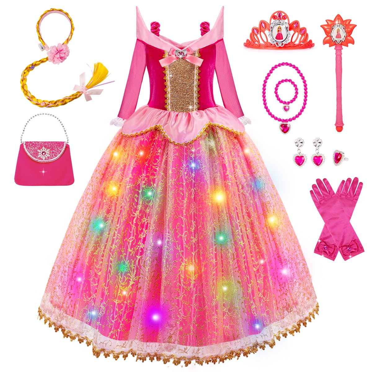 pretend princess dress up Dress Up Set for Little Girls, 9 Piece Pink Princess Costume Set, Pretend Play