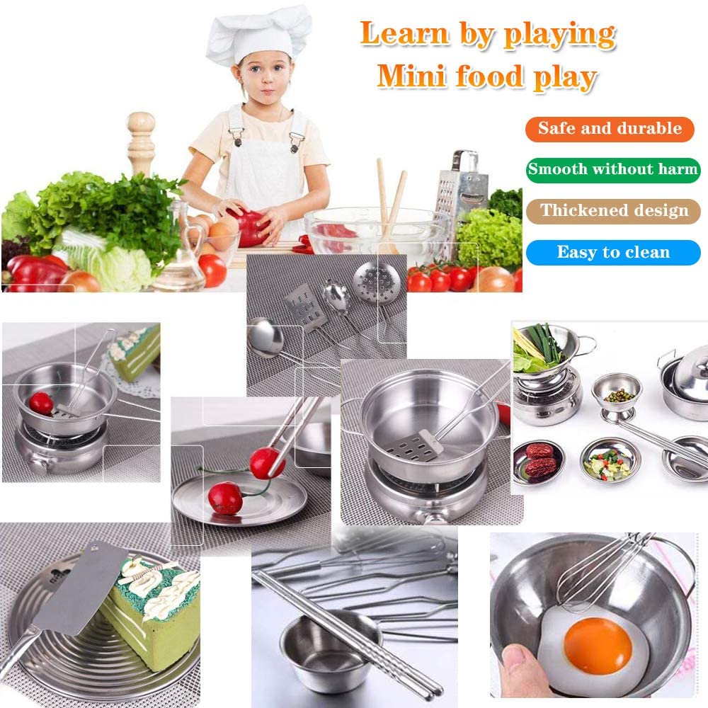 Mini Kitchen Pretend Play Accessories ,Tiny Size Stainless Steel Cookware Set with Portable Storage Box,Cooking Utensils,Play Po