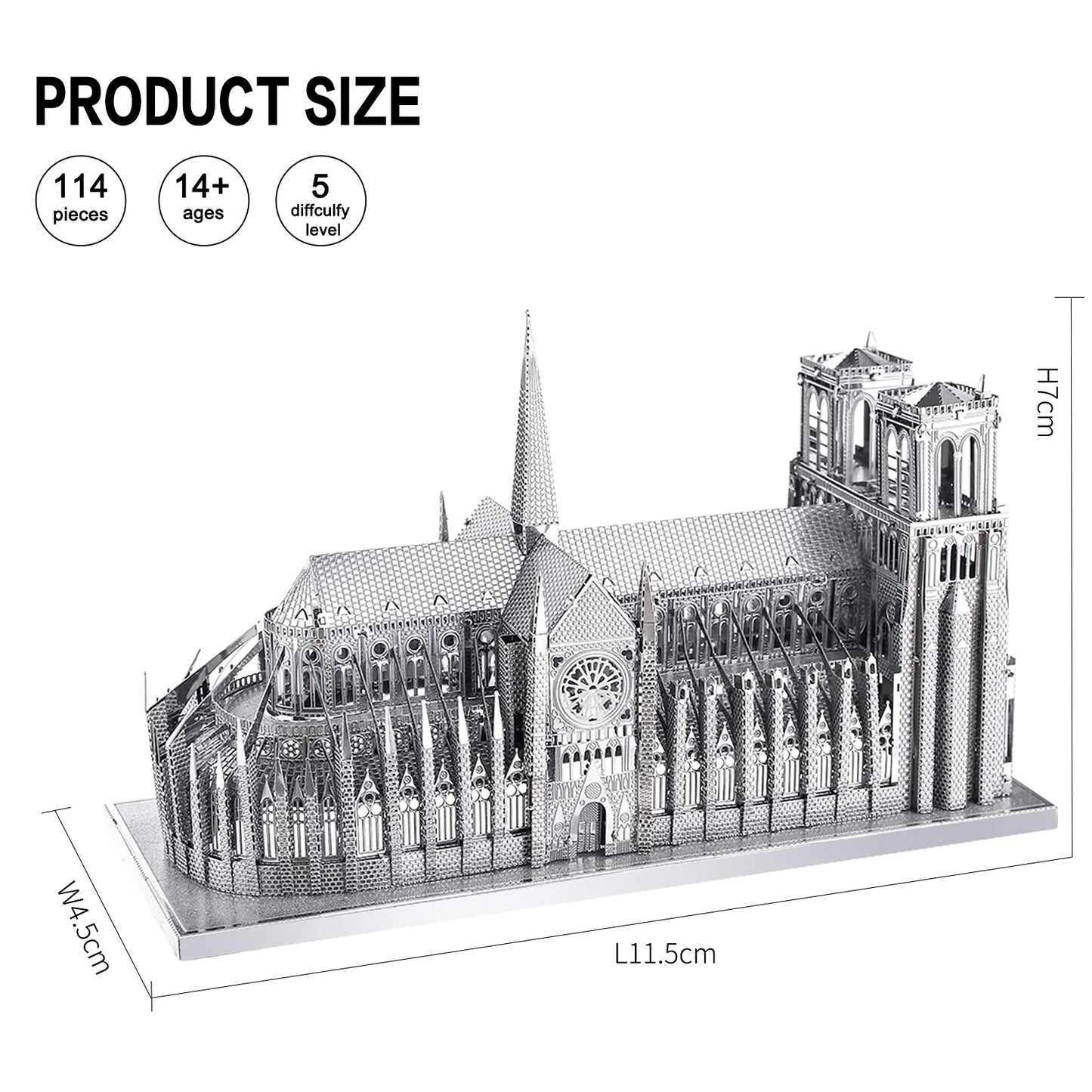 Piececool 3D Metal Puzzle For Adults, Notre Dame De Paris Church Metal Model Kit, French Cathedral Architecture Building Kits, Great Birthday Gifts (Silver)