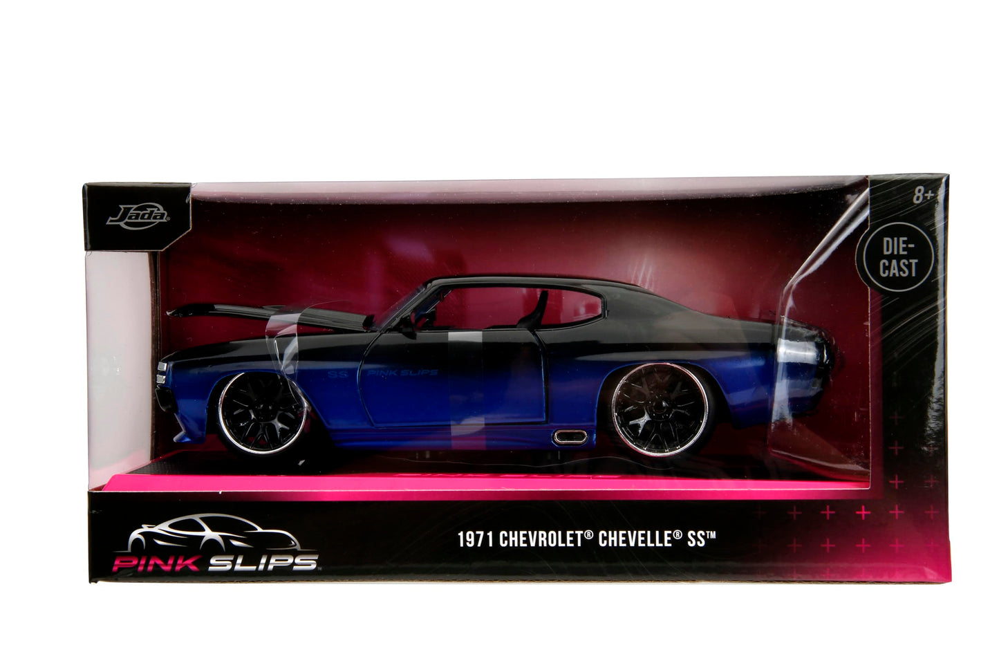 Pink Slips 1:24 W5 1971 Chevy Chevelle SS Die-Cast Car w/Base, Toys for Kids and Adults(Blue/Black Gradient)