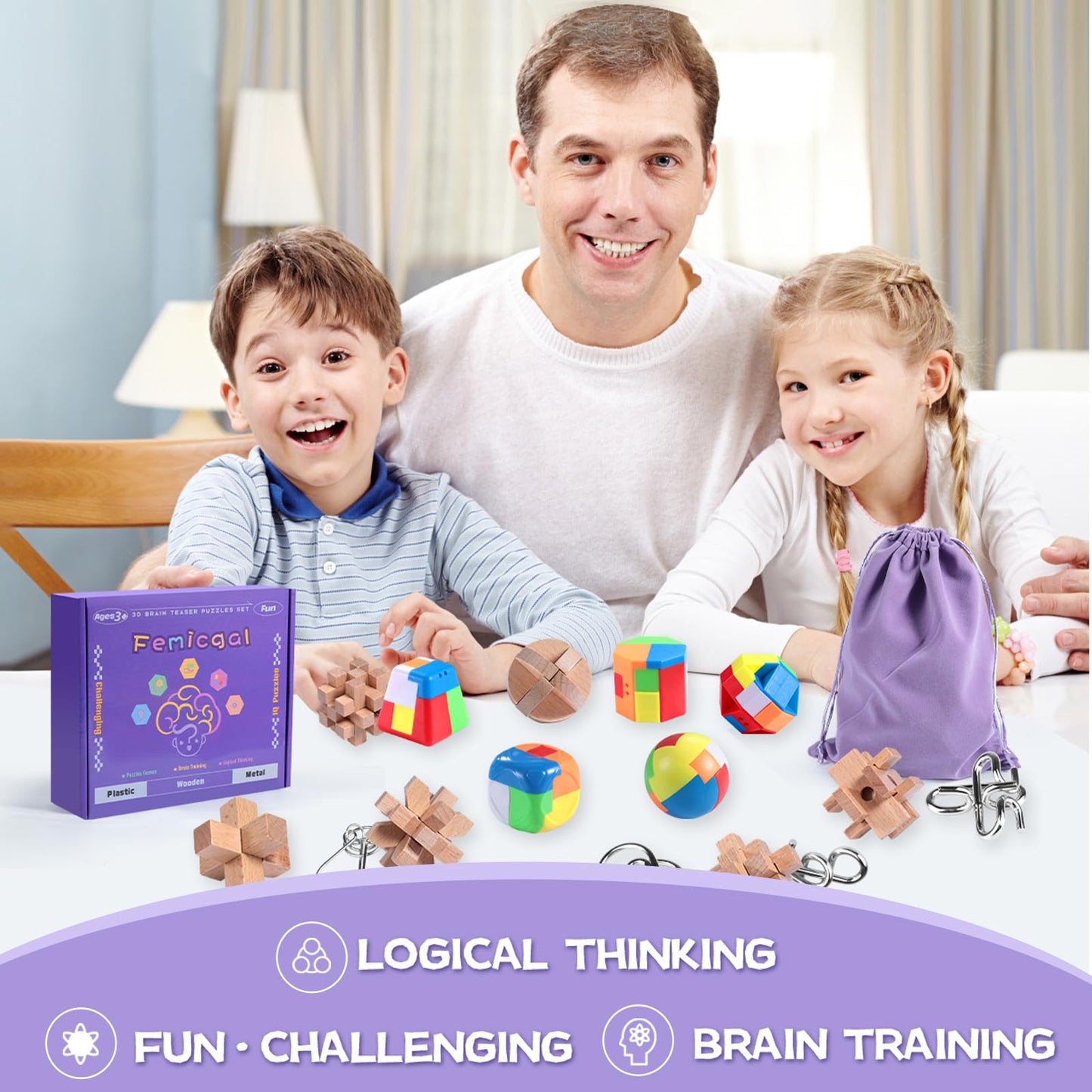 Femicgal Brain Teaser Puzzles For Adults And Kids, 18Pcs Puzzle Games Set, 3D Wooden Plastic Metal Puzzle, Unlock Interlock Mind