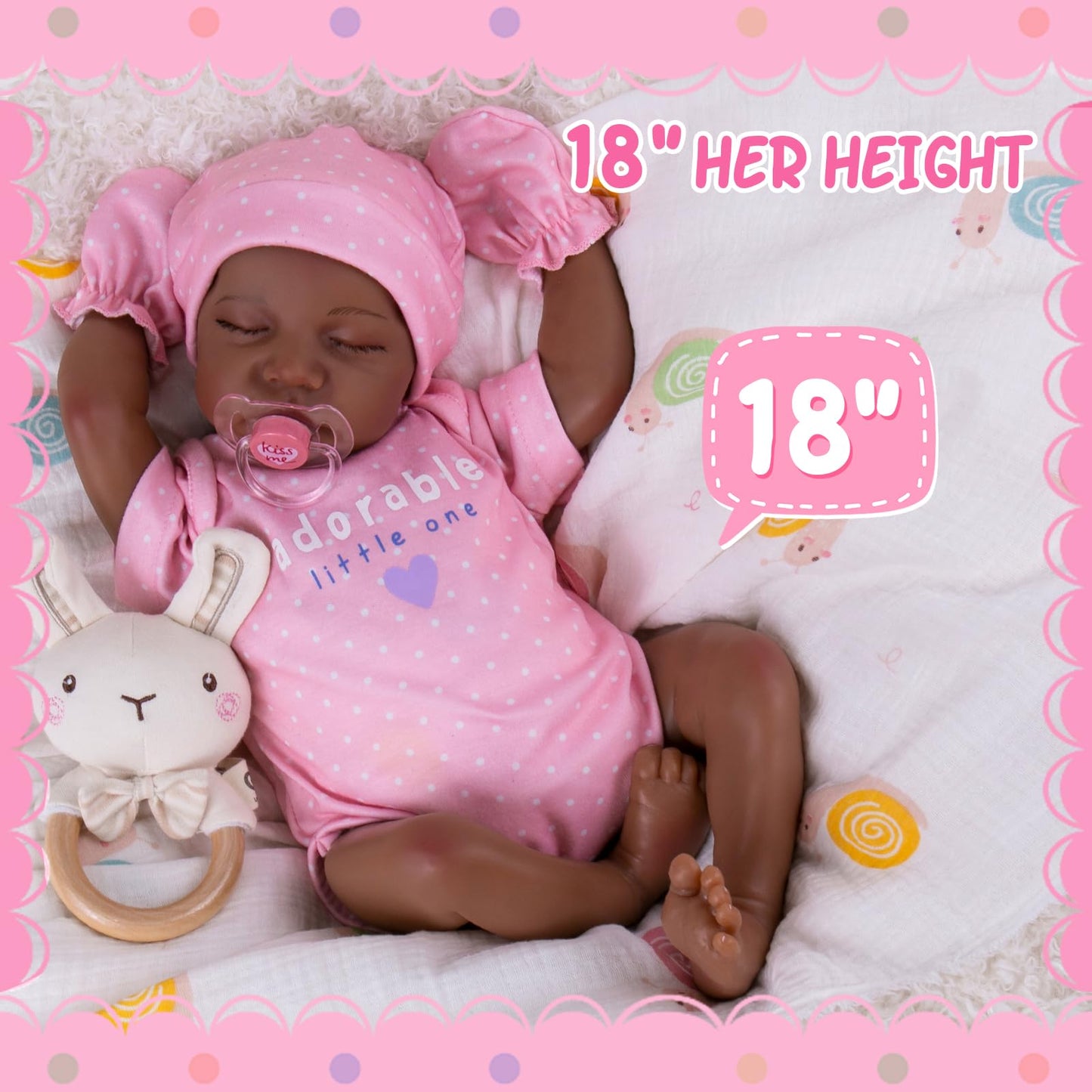 Aori 18 Inch Lifelike Reborn Baby Doll - Realistic Black Vinyl Doll with Feeding Kit & Gift Box for Kids Age 3+