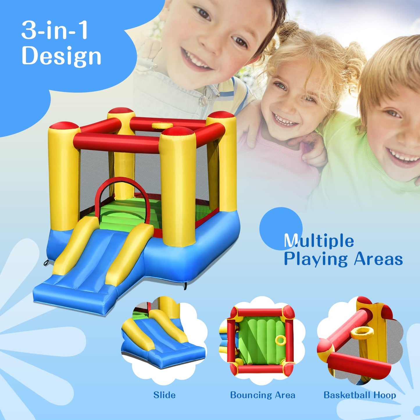 Olakids Inflatable Bounce House, Jumping Castle With Slide, Bouncing Area, Basketball Rim, Indoor Outdoor Bouncy House, Polyeste