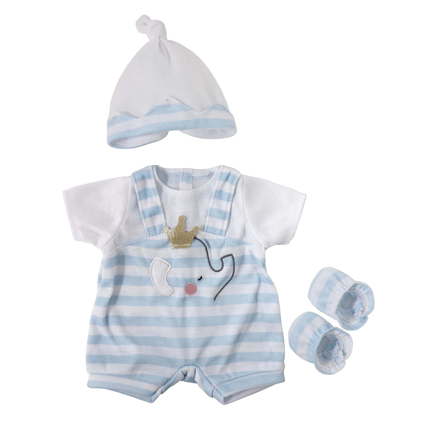 Jc Toys | Berenguer Boutique | Baby Doll Outfit | Blue Stripes And White Overall Shorts | Includes Headband And Booties | Ages 2+ | Fits Dolls 14'- 16'