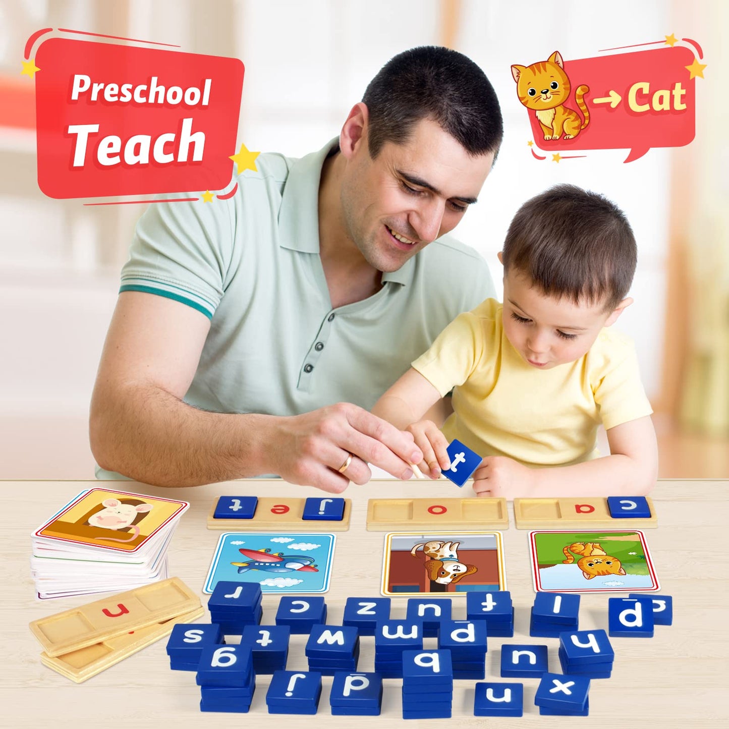 Learnign Toys For 2 3 4 5 6 Years Old Boys Girls, Wooden Cvc Reading Spelling Game For Kids, Preschool Kindergarden Learning Activities, Educational Toys Gifts For 2-4 3-5 4-6 Year Old Kids