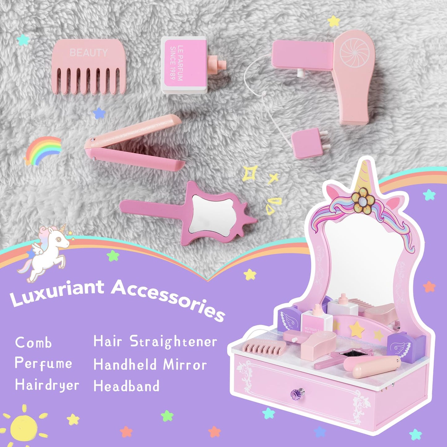 Brinjoy Wooden Vanity Set For Kids, Toddler Tabletop Beauty Salon Play Set W/Accessories & Drawer, Princess Makeup Pretend Play