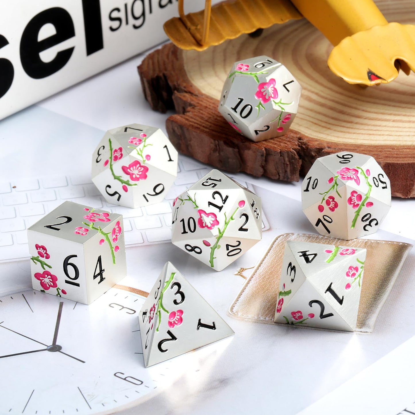 Metal Dungeons and Dragons Dice DNDND 7 PCS Heavy Metallic Flower D&D Dice Set with Grogeous Gift Case for DND Tabletop Game (Ma
