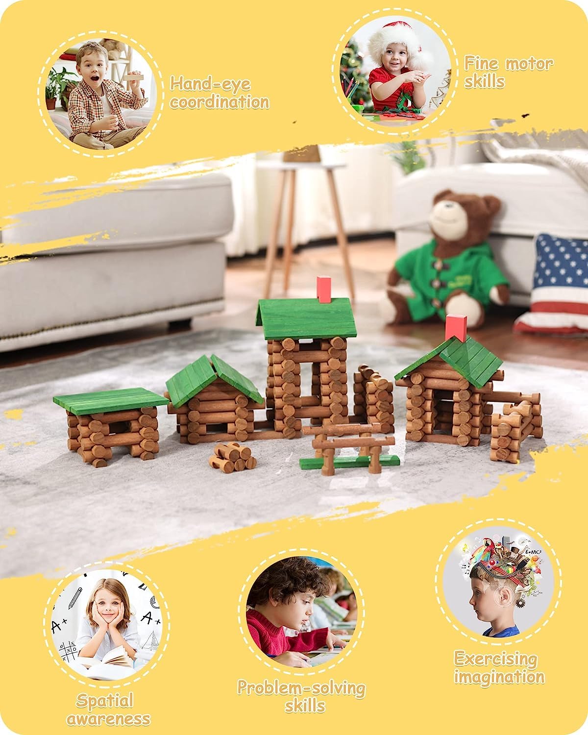 Sainsmart Jr. 450 Pcs Wooden Log Cabin Set Building House Toy For Toddlers, Classic Stem Construction Kit With Colorful Wood Logs Blocks For 3+ Years Old