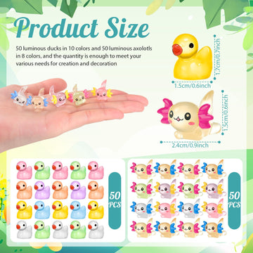 Barydat 100 Pcs Luminous Mini Resin Animals Bulk Glow In The Dark Resin Axolotls Tiny Ducks Miniature Figurines For Hide And See