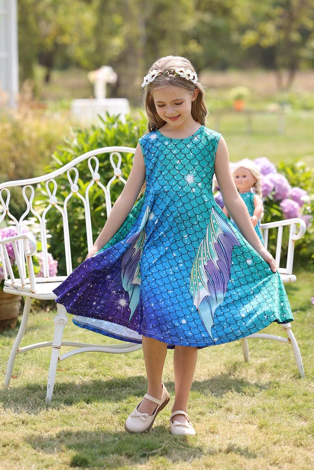 Bow Dream Girl Dress & Doll Clothes Set, Rainbow Unicorn, Size 4-5T, Blue Green