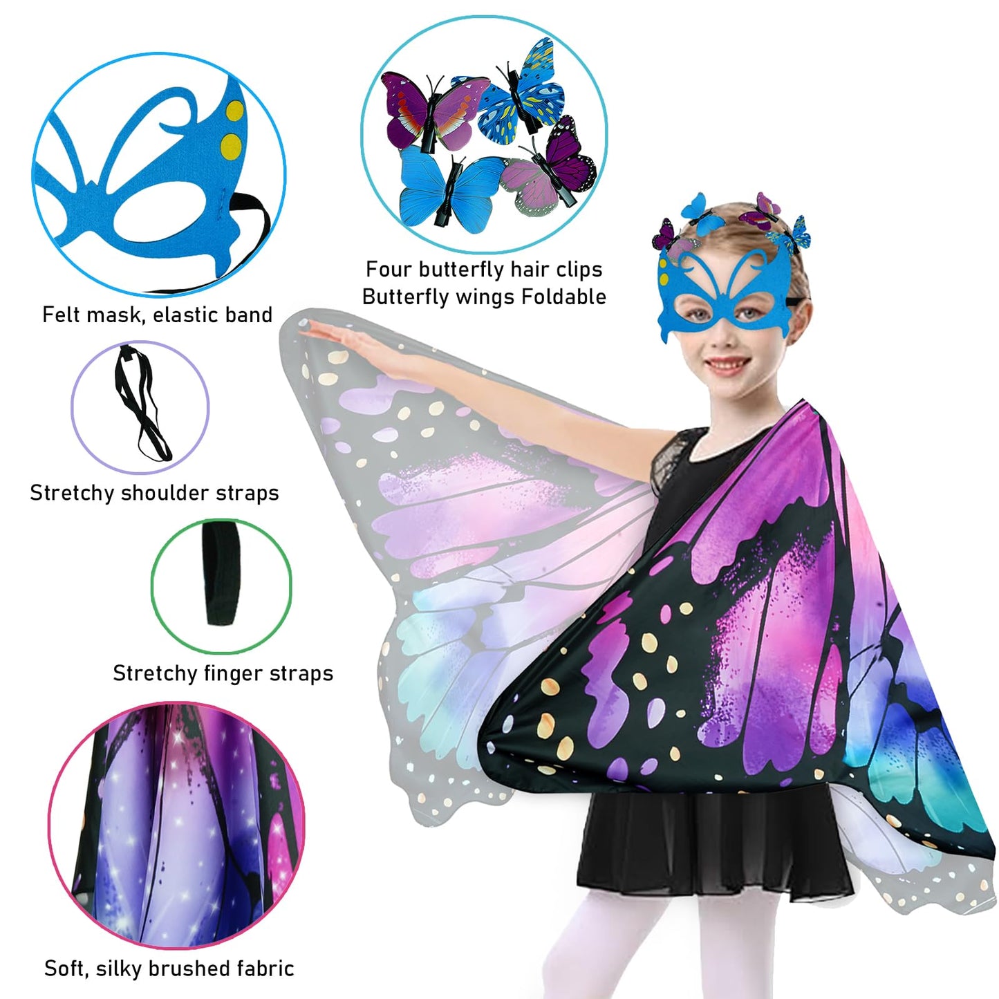 Kids Butterfly Wings Costume Girls Fairy-Wings Toddler Dress Up Play Costumes Butterfly Hair Clip Mask Party Favors (Purple Gree