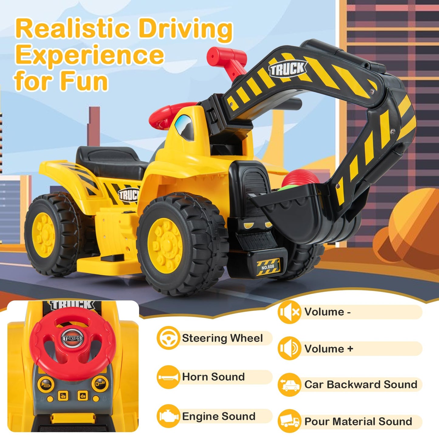 Honey Joy Electric Ride On Push Car, Toddler Bulldozer Digger W/Balls & Basketball Hoop, Outdoor Digging Scoop, Flexible Bucket, 6V Ride On Excavator Construction Vehicle For Kids