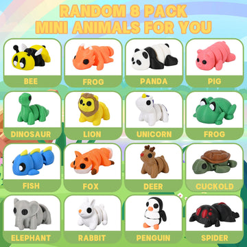 Beesini 8 Pack Mystery 3D Printed Animals, Mini Animal Packs, 3D Printed Articulating Figurines, 3D Printed Toys, Miniatures 3-D