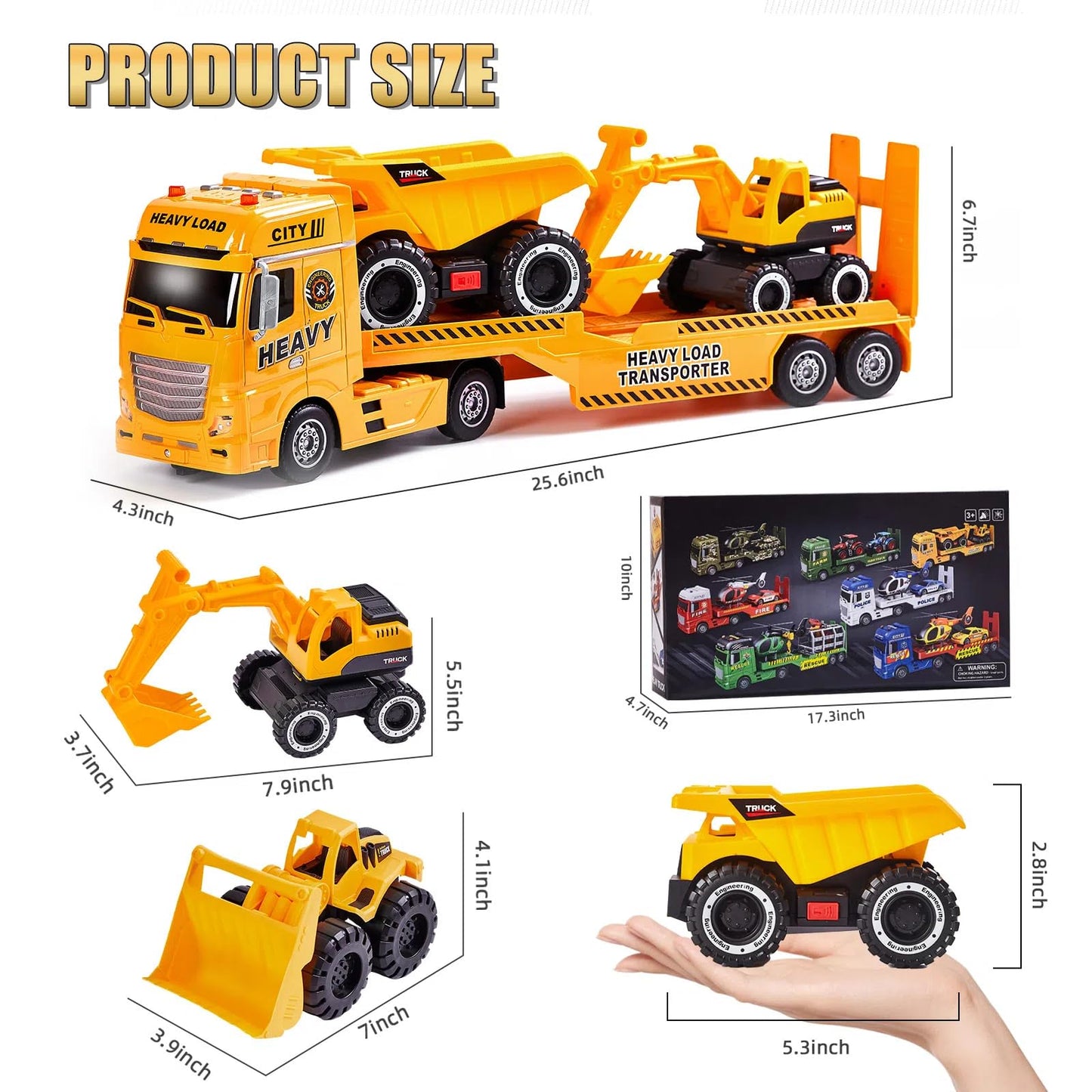 Zhfuys 4-In-1 Construction Carrier Truck Toys For Kids, Semi Toy Car Kids Toy With Excavator And Dump Truck, Great Gift For Age