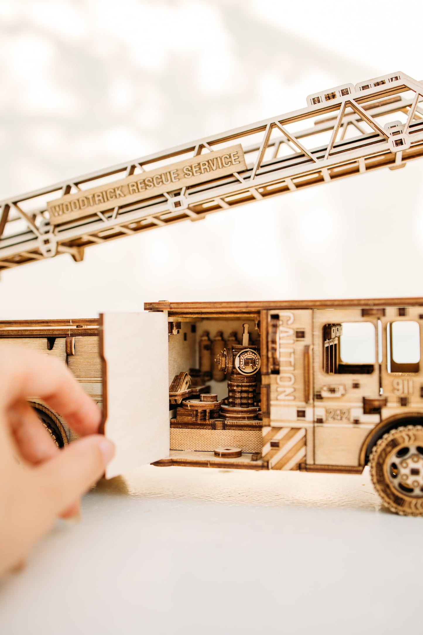 Wood Trick Rescue Firetruck Movable - Rotating Extendable Ladder - 3D Wooden Puzzles For Adults And Kids To Build - Rides Up To 20 Ft - Wooden Models Engineering Diy Project Mechanical Model Kit