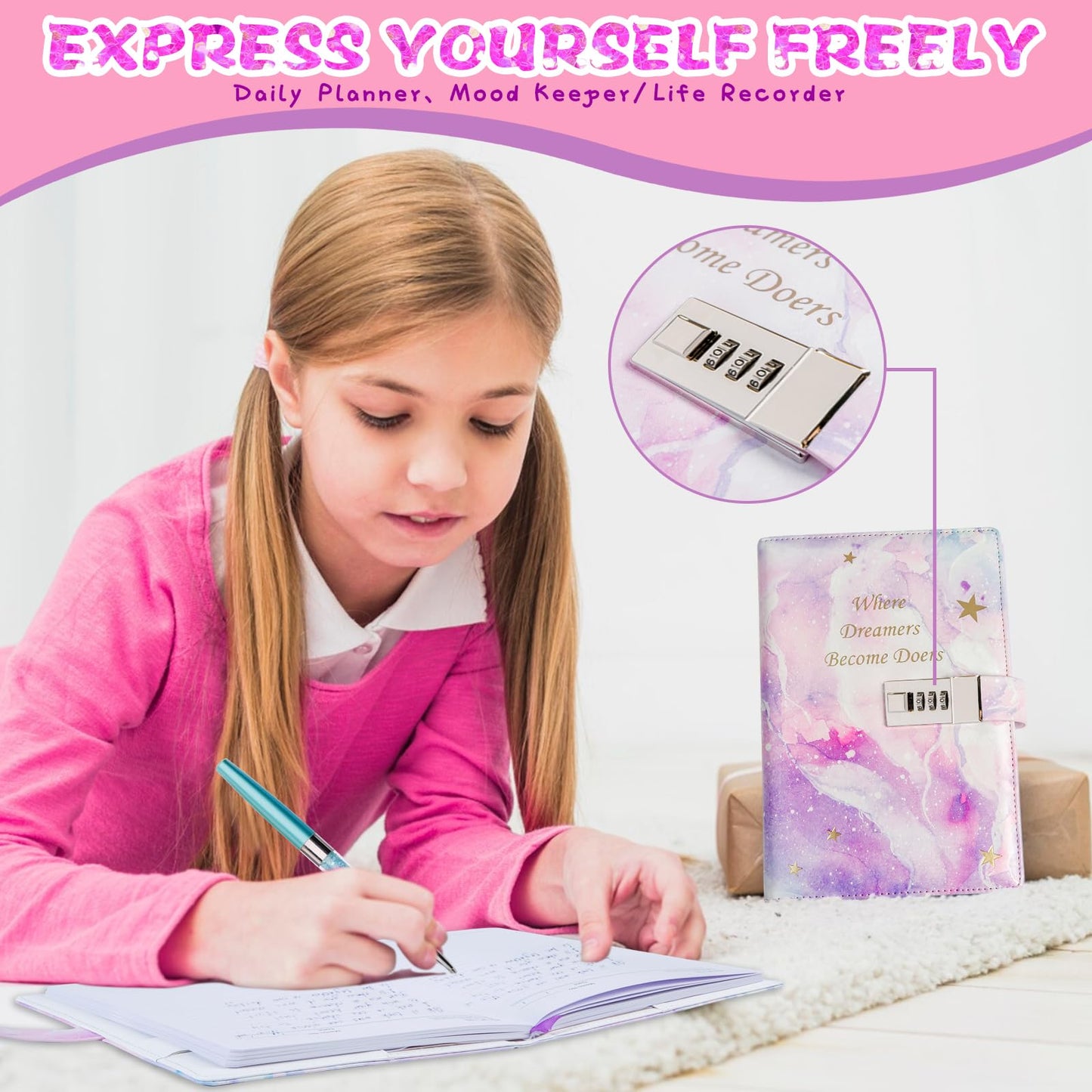 Kutoda Diary With Lock For Girls, 192 Pages College Ruled Journal For Girls Ages 8-12, A5 Secret Lock Journal With Pen And Color