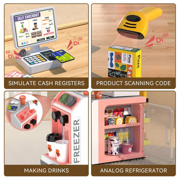 Cash Register Playset for Kids - 48PCS with Toy Coffee Machine,Pretend Play Money, Calculator, Scanner, Credit Card and Play Foo