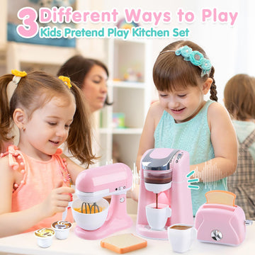 Play Kitchen Appliances Toys - Kids Kitchen Playset Accessories, Pretend Play Toy Sets with Coffee Maker, Mixer, Toaster with Re